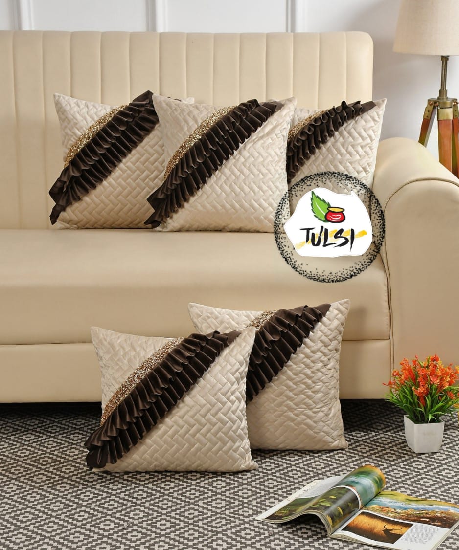Luxury Quilted Cushion Cover with Ruffle Detailing | Cream & Chocolate Brown Embellished Sequin Decorative Pillow Cover for Sofa & Living Room