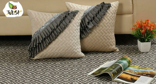 Luxury Quilted Cushion Cover with Ruffle Detailing | Cream & Grey Embellished Sequin Decorative Pillow Cover for Sofa & Living Room