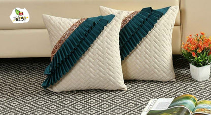 Luxury Quilted Cushion Cover with Ruffle Detailing | Cream & Teal Embellished Sequin Decorative Pillow Cover for Sofa & Living Room