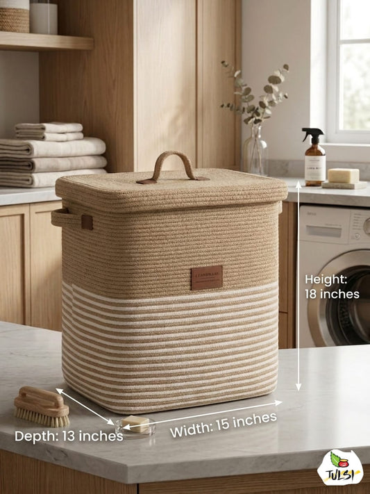Big Size Handmade Laundry Basket | Rectangular  Jute Cotton Thread Laundry Storage Basket for Home, Bedroom & Bathroom