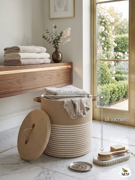 Big Size Handmade Laundry Basket |  Round Jute Cotton Thread Laundry Storage Basket for Home, Bedroom & Bathroom