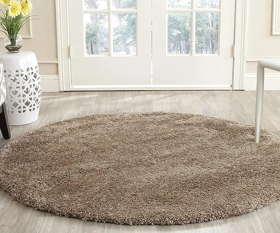 Beige Colour Soft Microfiber Round Carpet – 2 inch Extra Fluffy long pile Premium Quality & Anti-Skid Backing