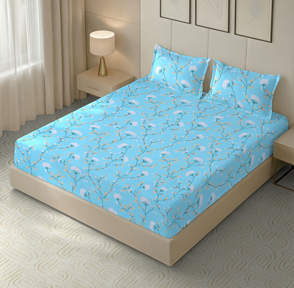 Kashyapa Rugs Premium Double Bed Fitted Bedsheet with 2 Pillow Covers | Soft, Breathable & Durable Bedding Set