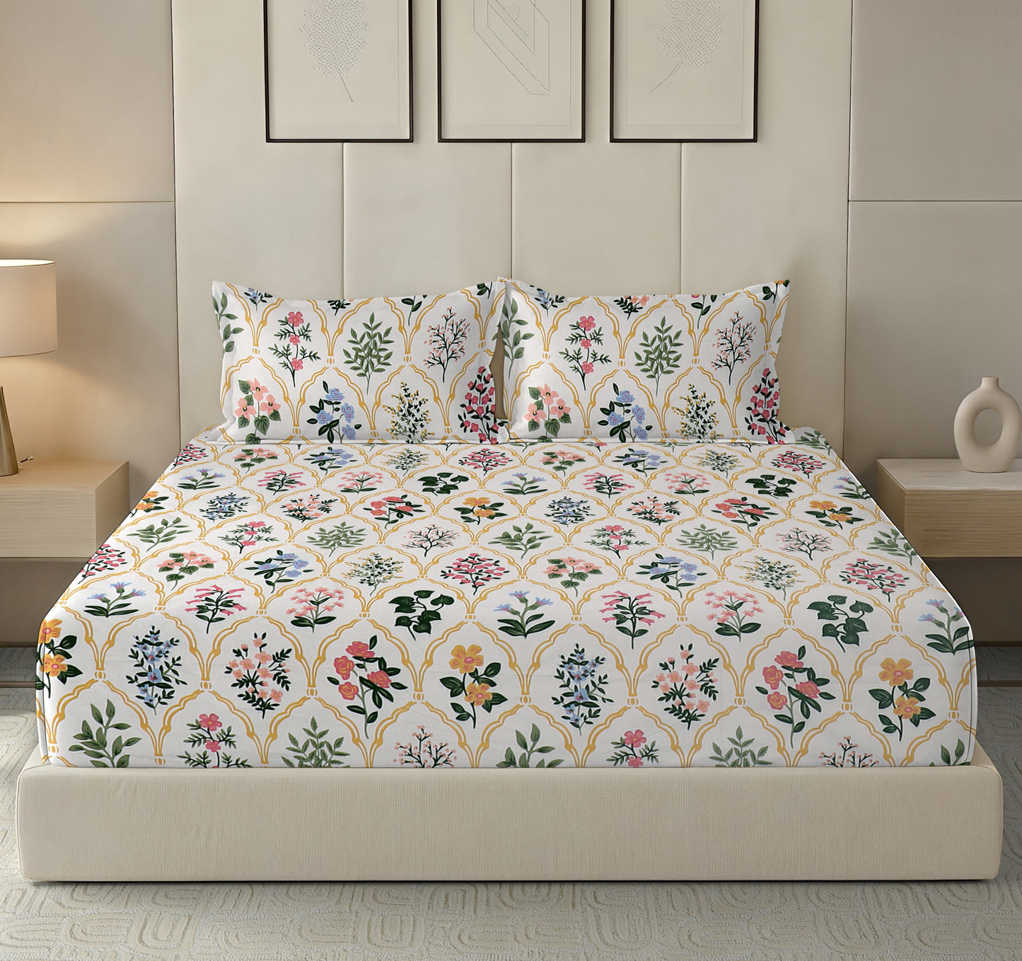 Kashyapa Rugs - Primium Glace Cotton Fitted (Elastic) Bedsheet + 2 Pillow Covers