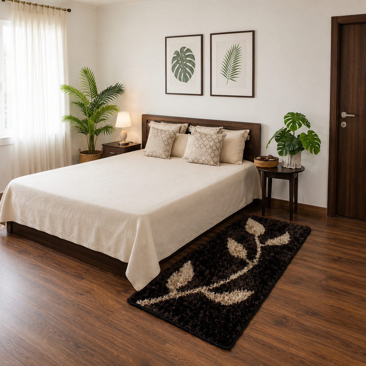Brown with Beige Leaf Beautiful Premium Microfiber Bedside Runner