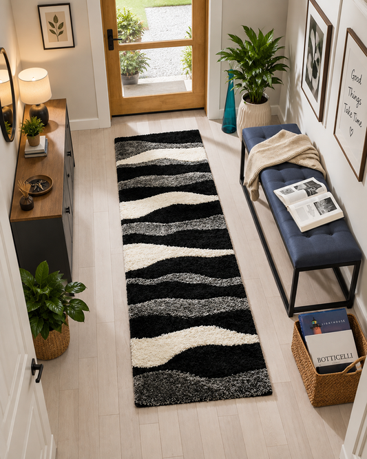 Modern Black, Grey & Ivory Abstract Shaggy Runner Carpet with Anti-Skid Backing