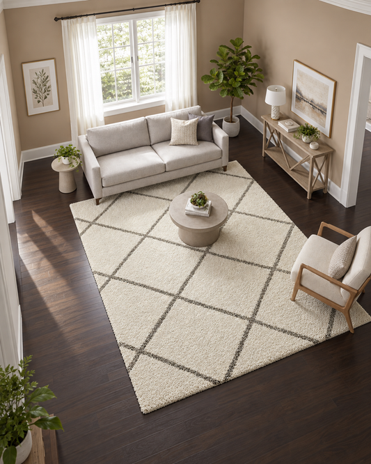 Ivory & Grey Diamond Pattern Soft Shaggy Microfiber Rug – Soft Feel & Anti-Skid Backing