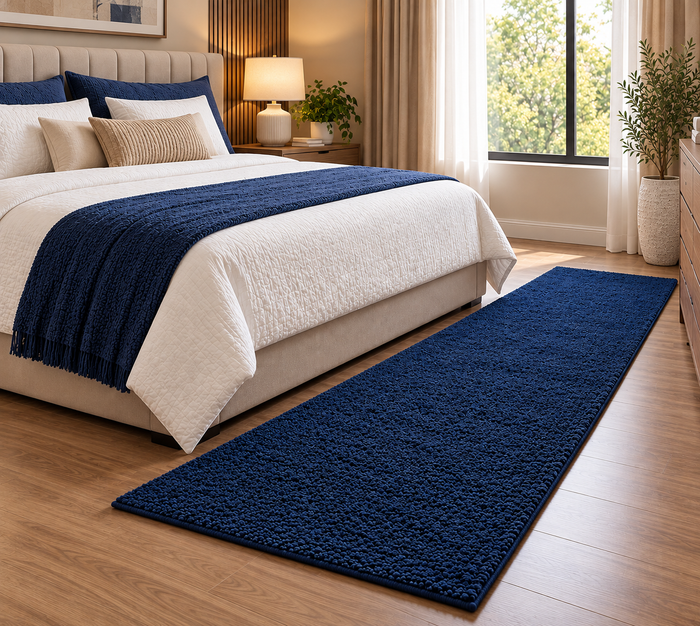 Plush Navy Blue Bedside Runner – 12mm Anti-Skid Bedroom Floor Carpet