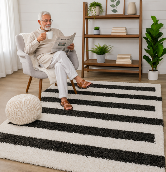 Handmade Microfiber Carpet for Living Room Bedroom Hall & Home - Black & Ivory