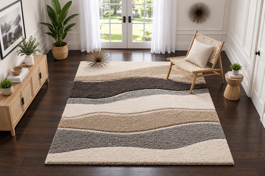 Ivory, Beige, Brown & Grey Wave Pattern Premium Microfiber Rug – Soft Feel with Anti-Skid  Backing