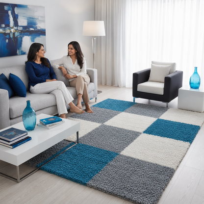 Handwoven Shag Collection Super Soft Microfiber Silk Touch Rug – Ivory, Grey & Aqua – Soft Feel with Anti-Skid Rubber Backing