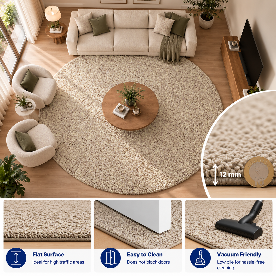 Premium Beige Round Rug – Soft Textured Surface, 12 mm Low Pile, Elegant Modern Design