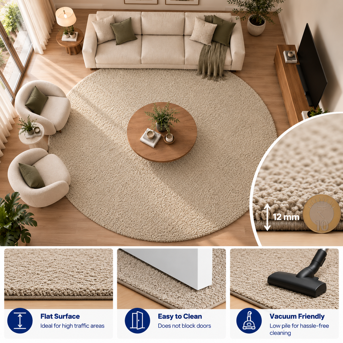 Premium Beige Round Rug – Soft Textured Surface, 12 mm Low Pile, Elegant Modern Design