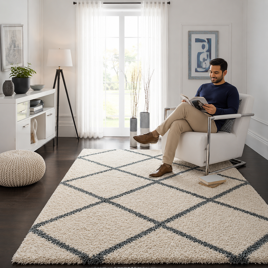 KashyapaRugs premium cross pattern soft microfiber carpet in ivory and grey – elegant cross pattern with thick plush microfiber pile for contemporary living rooms and bedrooms, anti-skid rubber backing