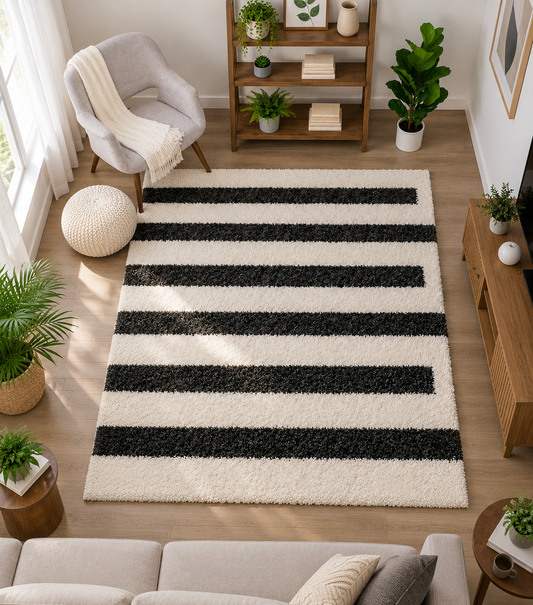 Handmade Microfiber Carpet for Living Room Bedroom Hall & Home - Black & Ivory