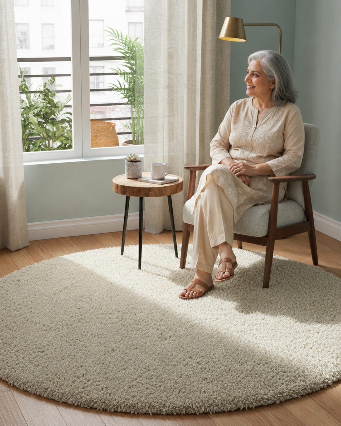 KashyapaRugs ivory premium round shaggy rug – ultra-soft plush microfiber pile, anti-skid backing, clean minimal design for bedrooms, reading corners and modern living spaces