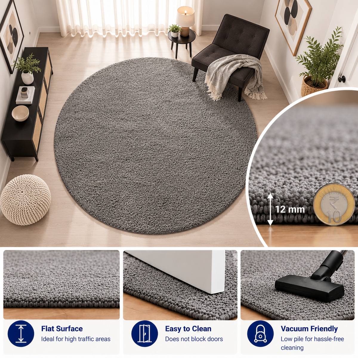 Premium Plain Grey Round Rug – 12 mm Low Pile, Soft Feel, Modern Elegant Design