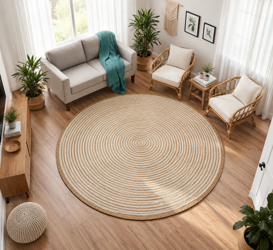 Natural Jute and Cotton Ecofriendly Round Carpet.