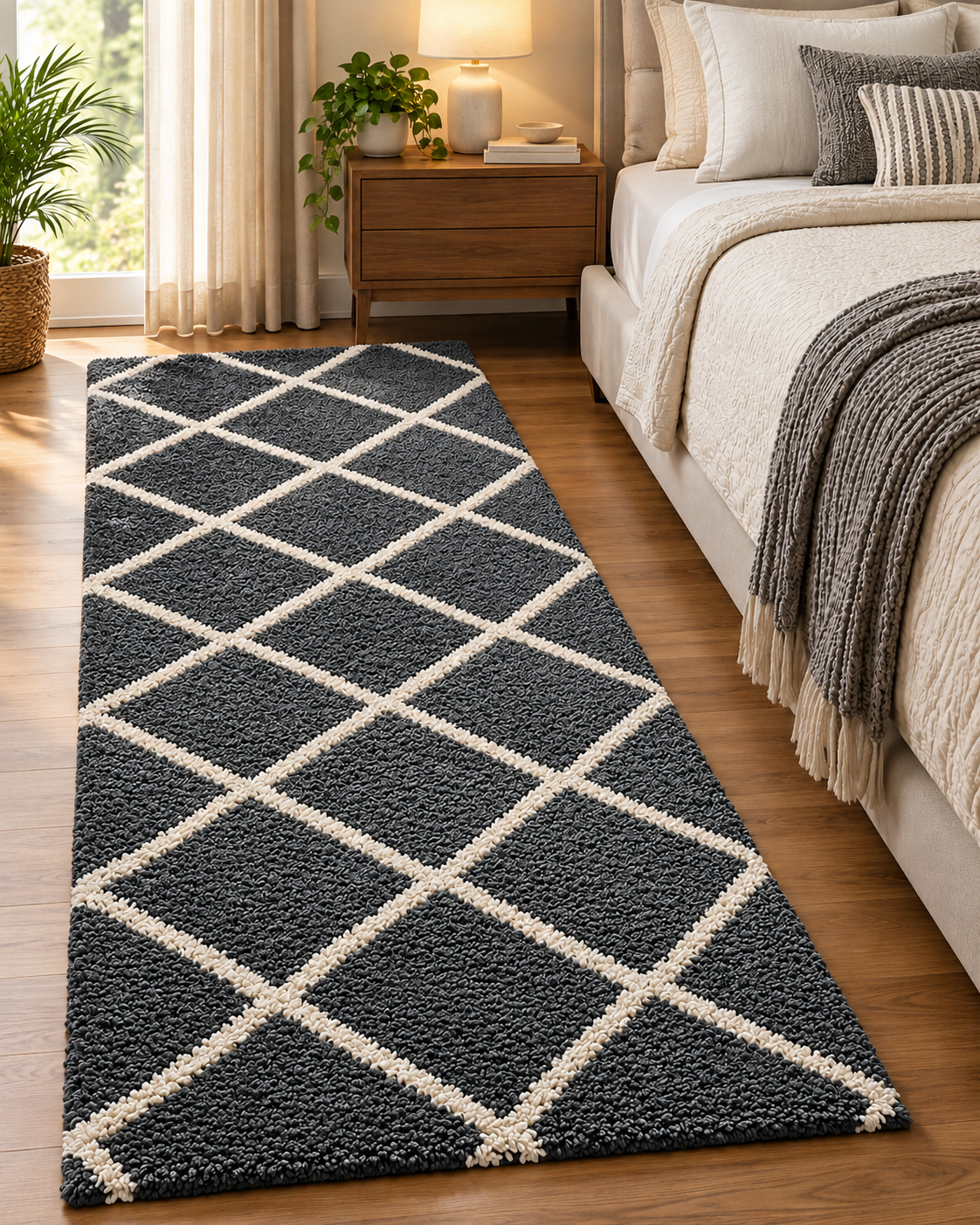 Premium Charcoal Grey with Ivory Geometric Diamond Pattern Bedside Runner – 12 mm Low Pile, Easy Care