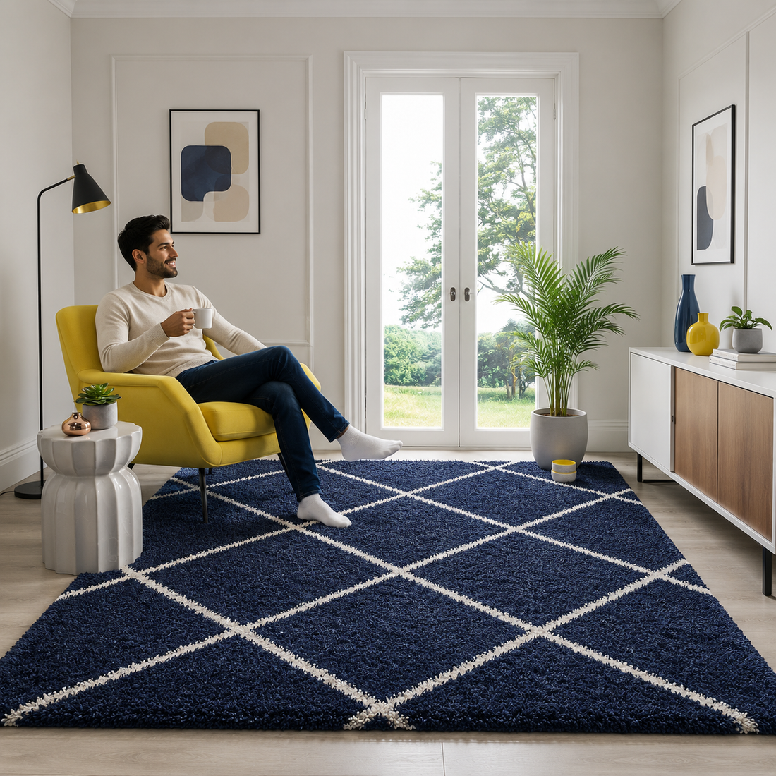 KashyapaRugs blue and ivory diamond carpet – bold geometric diamond pattern, high-pile plush shag microfiber texture for modern living rooms and bedrooms