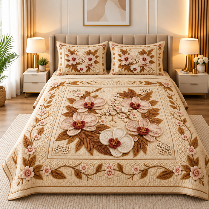 Luxury 7D Beige Floral Quilted King Size Bedsheet Set – 108×108