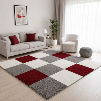 Grey with Ivory Diamond Pattern Shaggy Rug – Hand-Tufted Microfiber Carpet – Soft Feel & Anti-Skid Rubber Backing