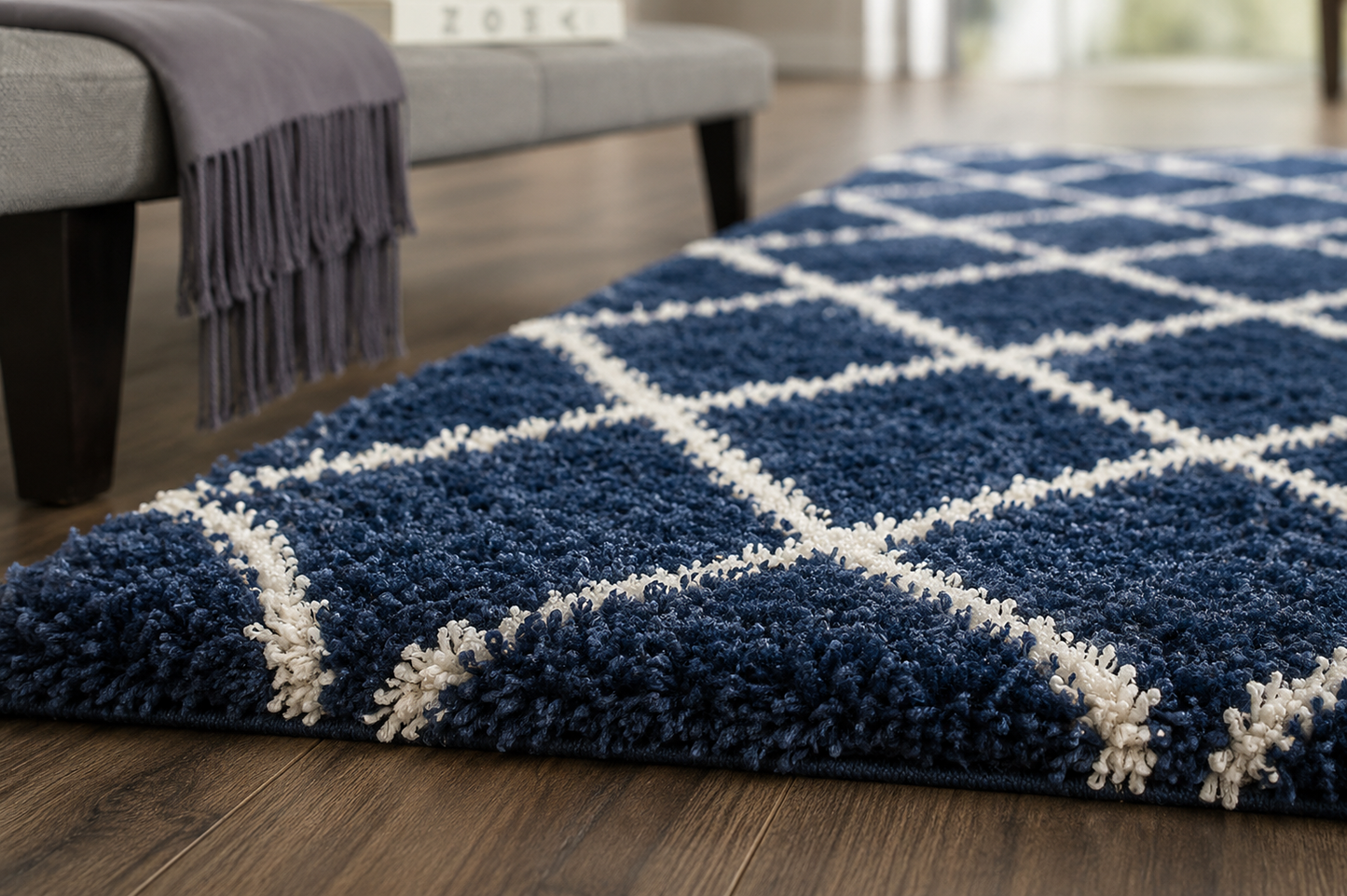 Premium Blue with Ivory Beautiful Micro Bedside Runner - Soft Feel, Anti-Skid Rubber Backing