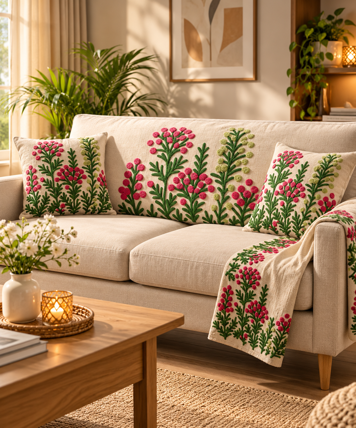 Pink & Green Botanical Embroidered Cushion Cover | Floral Decorative Pillow Cover for Sofa & Living Room