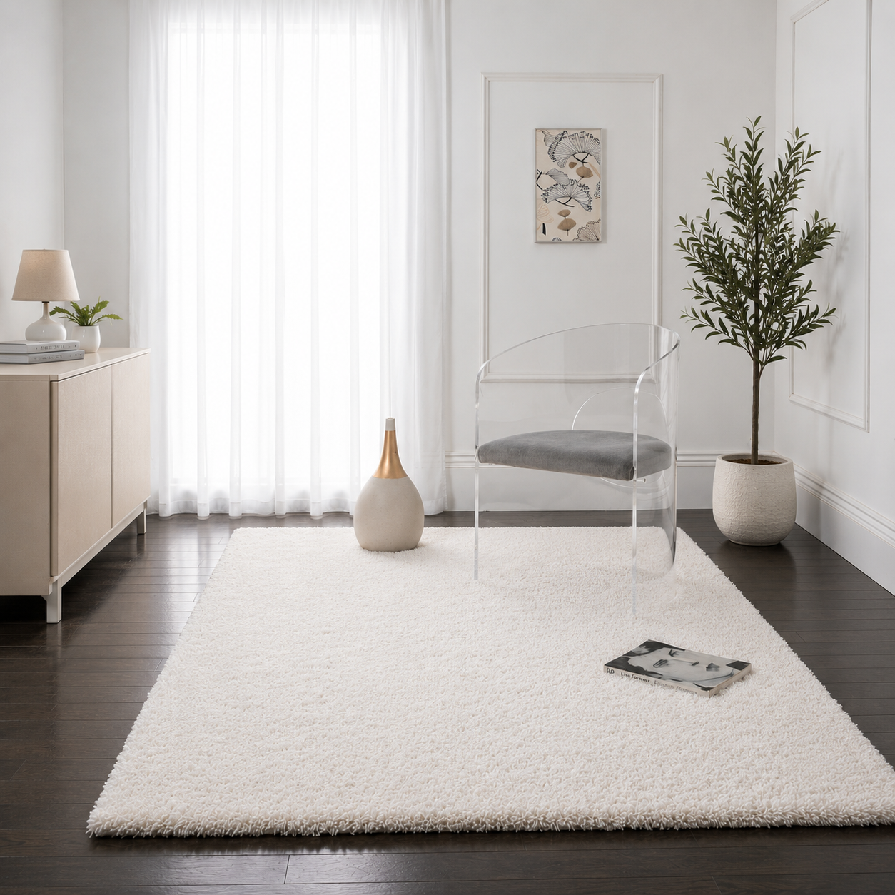 White Shaggy Rug – Extra Soft Microfiber Hand-Tufted Carpet for Living Room – Soft Feel with Anti-Skid Rubber Backing