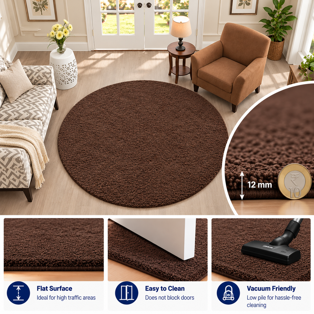 : Premium Chocolate Brown Round Rug – 12 mm Low Pile, Soft Feel, Elegant Modern Design