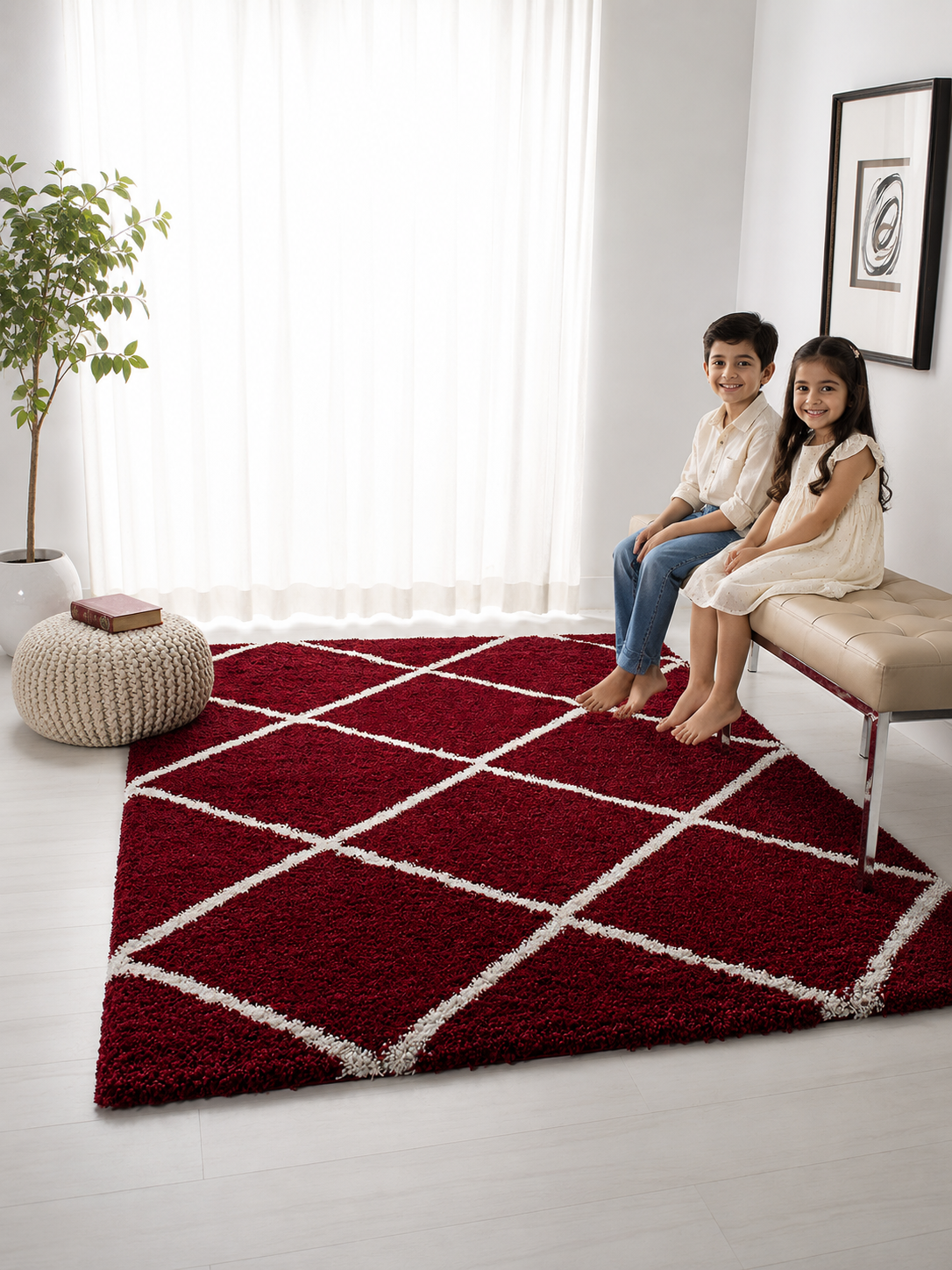 Elegant Maroon & Ivory Lines Diamond Shaggy Rug – Microfiber Carpet for Bedroom – Soft Touch with Anti-Slip Base