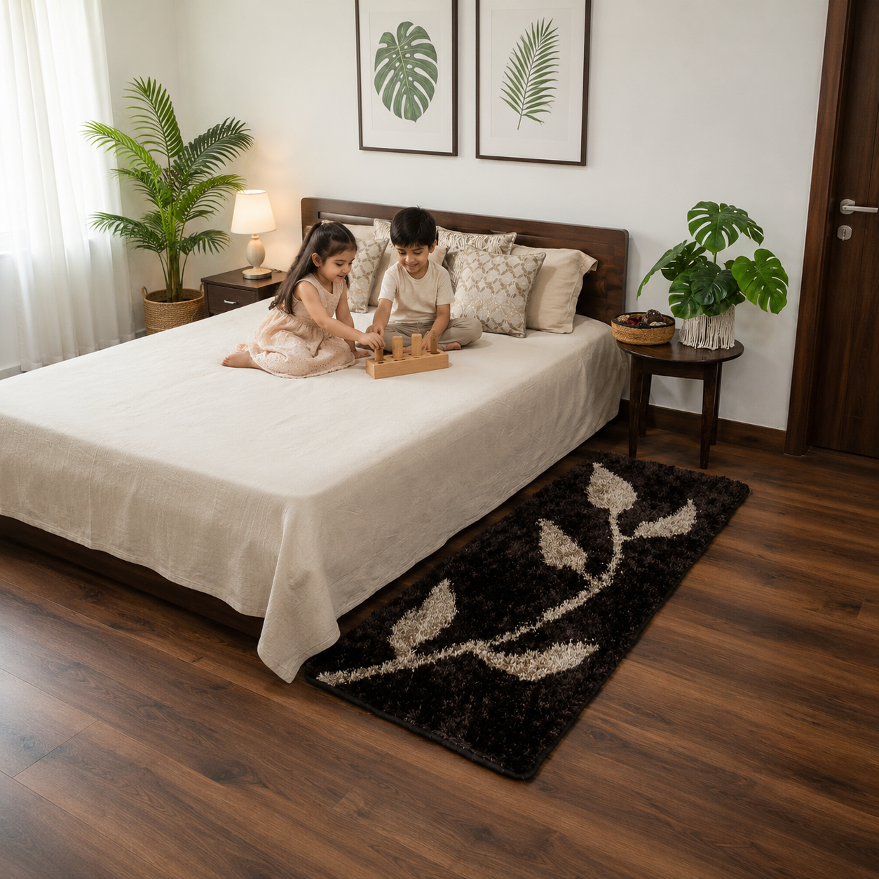 Brown with Beige Leaf Beautiful Premium Microfiber Bedside Runner