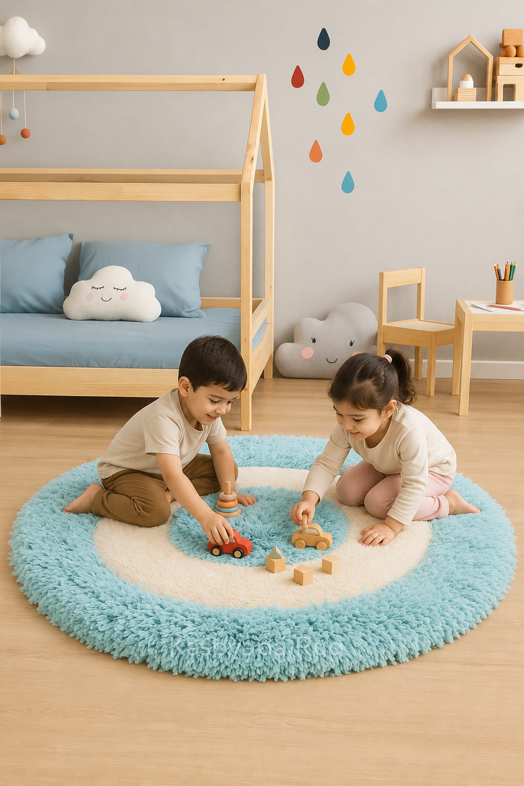 White & Blue Round Carpet -  Soft Feel with Anti-Skid Rubber Backing