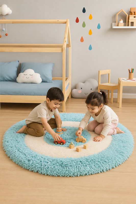 White & Blue Round Carpet -  Soft Feel with Anti-Skid Rubber Backing