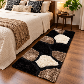 Modern Abstract Black, Beige & Ivory Shaggy Runner Rug with Anti-Skid Backing