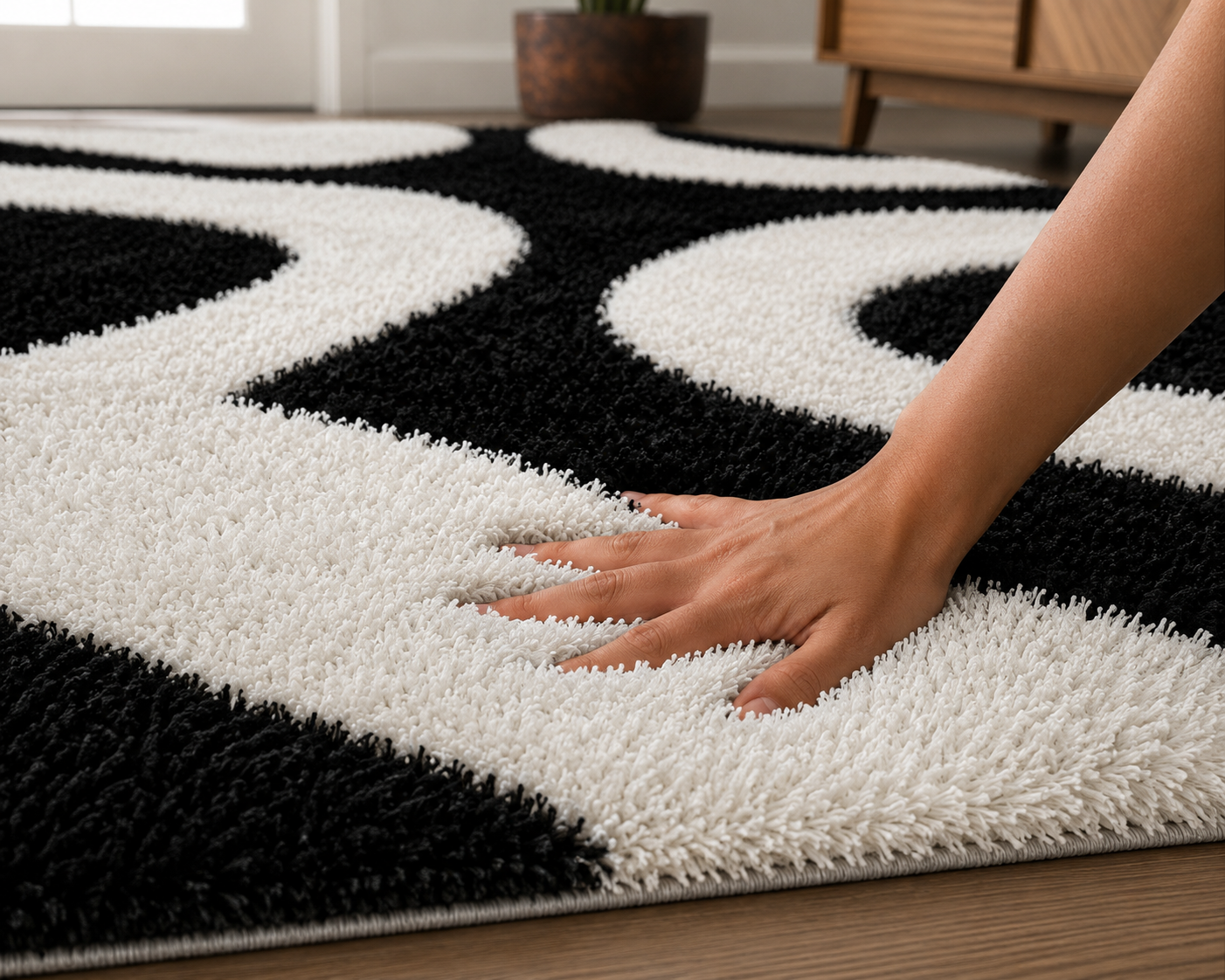 Black & White Microfiber Living Room Shaggy Carpet