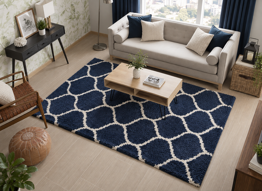 Elegant Cream & Blue Moroccan Lattice Rug – Soft Touch with Anti-Slip Backing