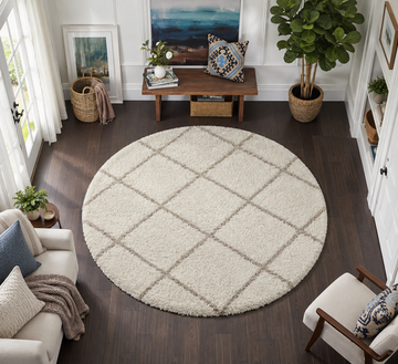"KashyapaRugs elegant ivory and beige loom made round shaggy rug – soft fluffy plush pile in neutral ivory and beige tones for effortless styling in any décor, anti-skid rubber backing