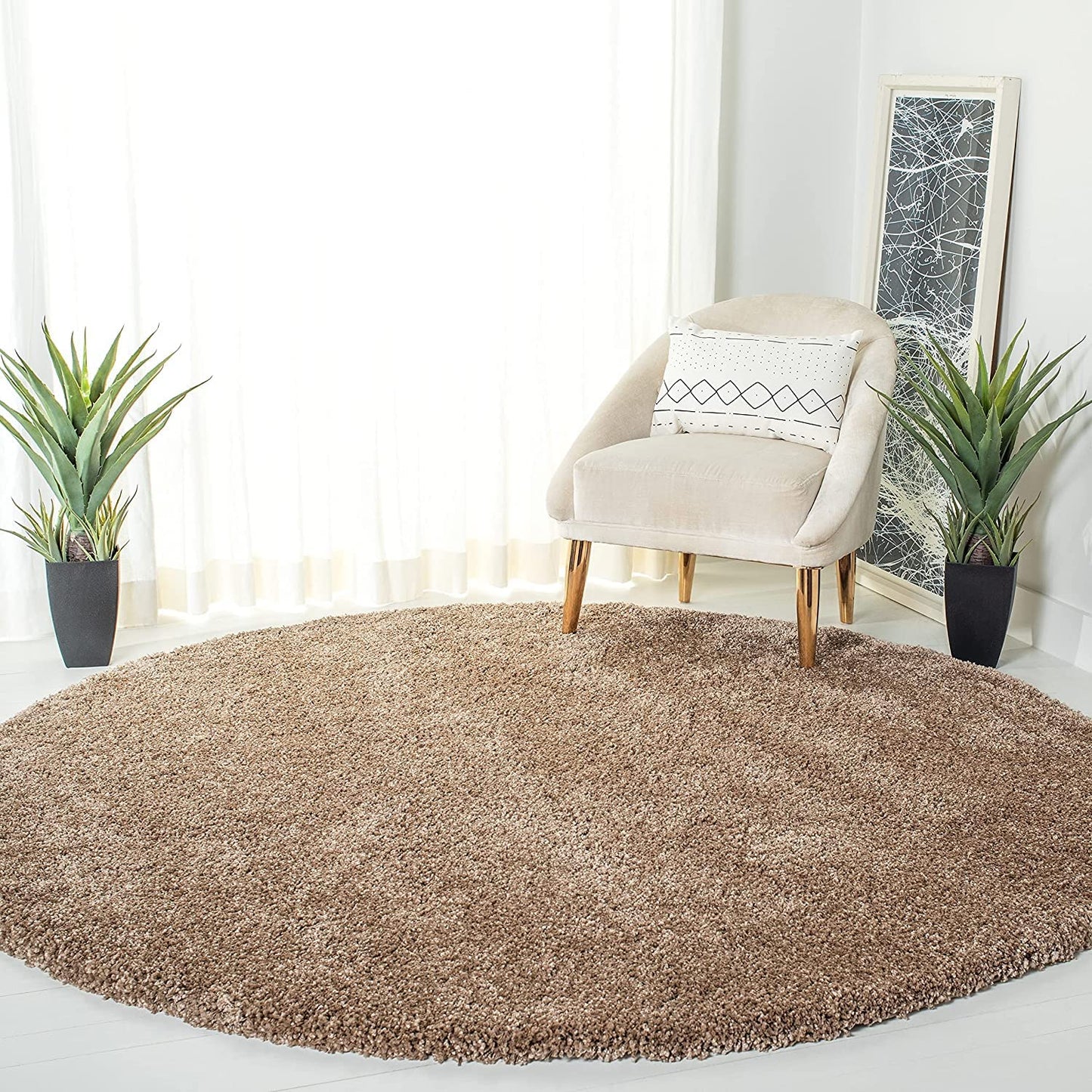 Beige Colour Soft Microfiber Round Carpet.