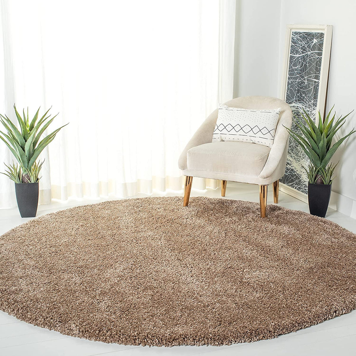 Beige Colour Soft Microfiber Round Carpet – 2 inch Extra Fluffy long pile Premium Quality & Anti-Skid Backing