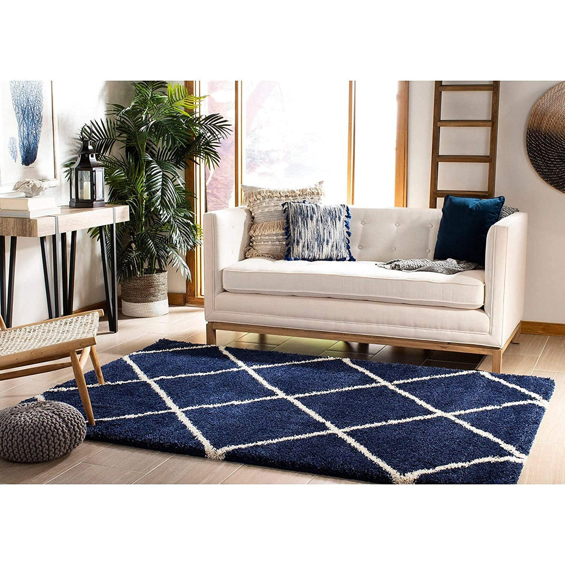 Blue & Ivory  Diamond Carpet – Soft Microfiber with Anti-Skid Backing