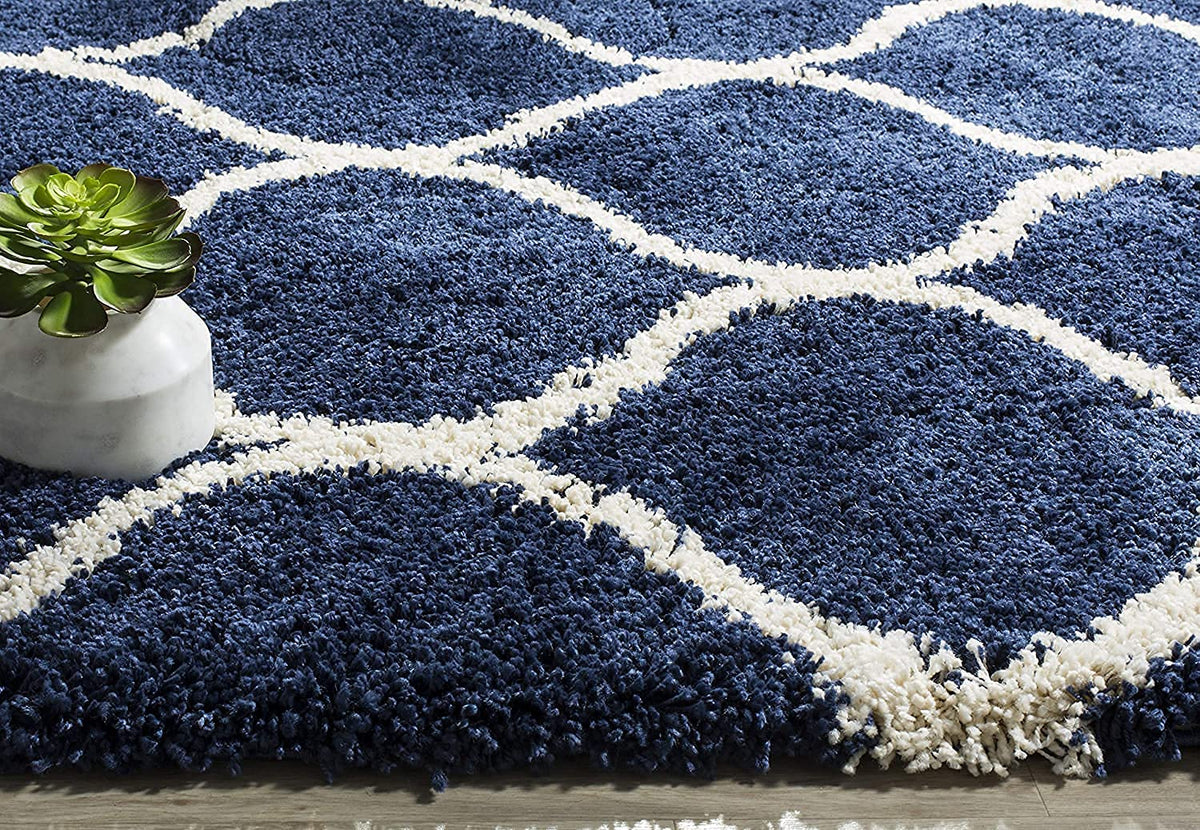 Elegant Cream & Blue Moroccan Lattice Rug – Soft Touch with Anti-Slip Backing