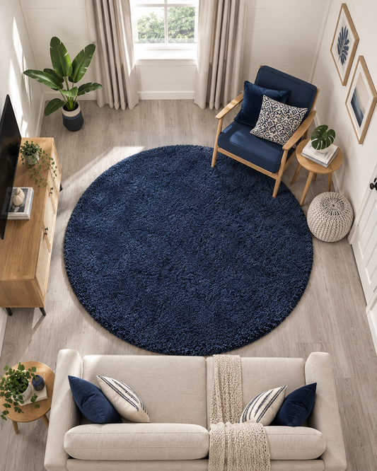 KashyapaRugs navy blue 2-inch long pile extra fluffy premium round shaggy rug – rich deep navy blue plain tone with soft dense plush pile, refined minimal look for living rooms and bedrooms