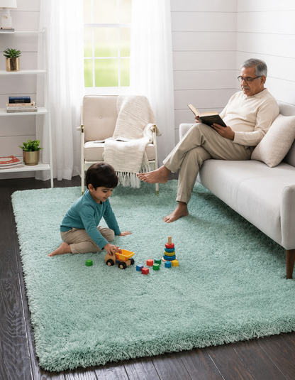 2 inch long pile Elegant Light Green Silk Touch Rug – Soft Comfort with Anti-Slip Rubber Backing