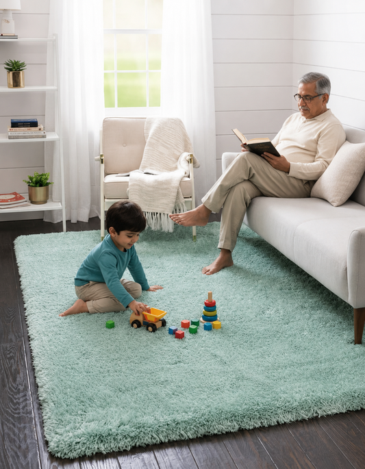 2 inch long pile Elegant Light Green Silk Touch Rug – Soft Comfort with Anti-Slip Rubber Backing