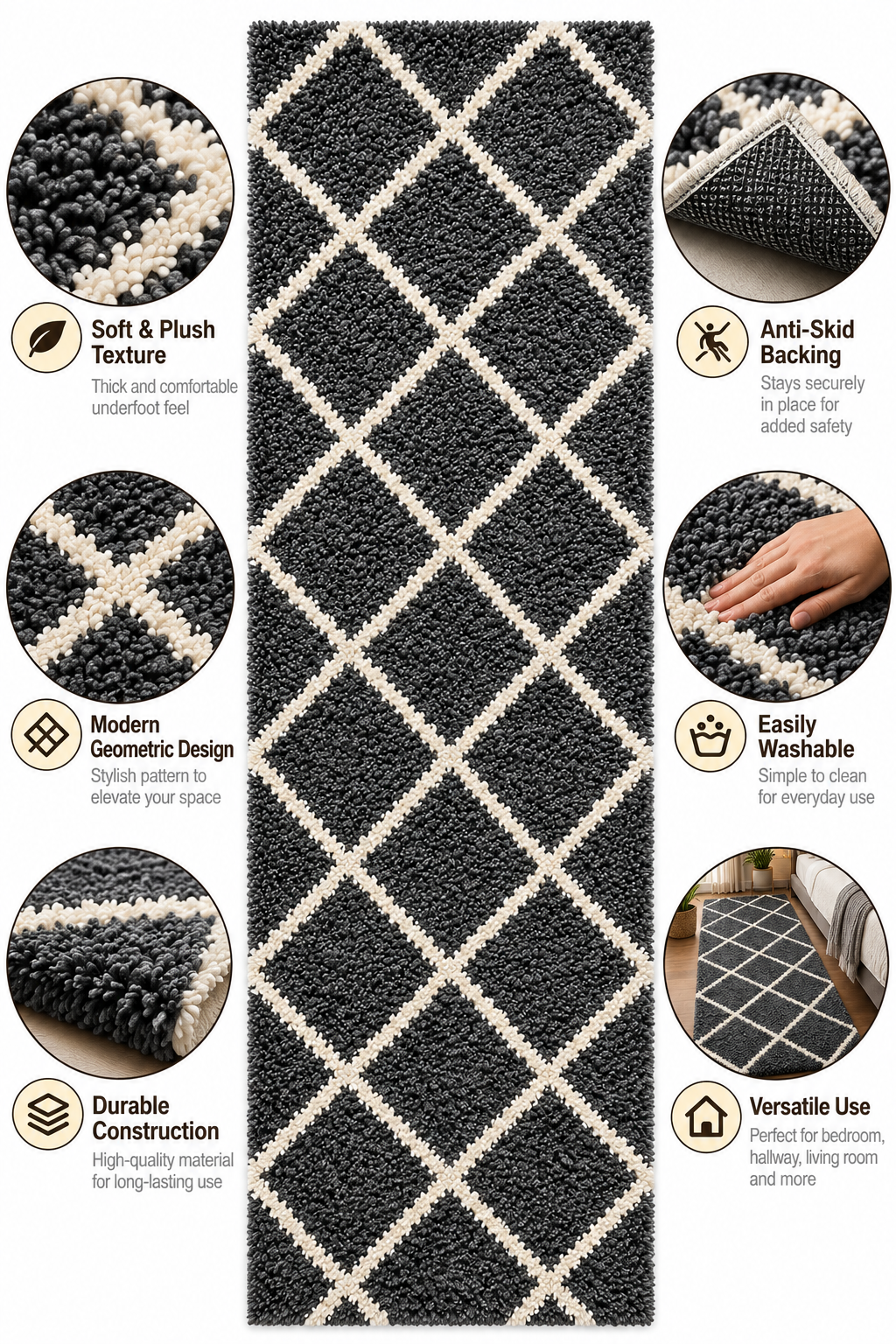 Dark Grey & White Premium Microfiber Runner – Soft Feel, Anti-Skid  Backing