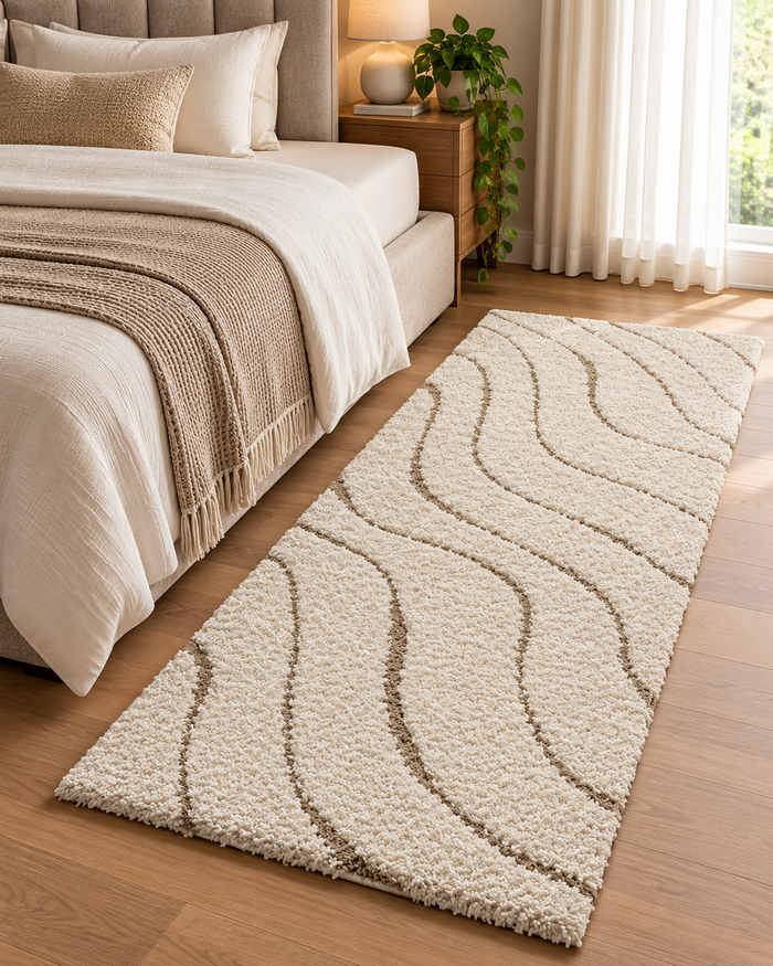 Ivory with Beige Wave Pattern Premium Microfiber Runner – Soft Feel with Anti-Skid Backing