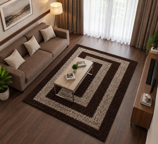 Brown & Beige Square Pattern Shaggy Rug – Soft Feel with Anti-Skid Backing