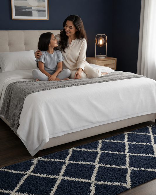 Blue & Ivory Moroccan Design Shaggy Bedside Runner – Soft Feel, Anti-Skid Rubber Backing