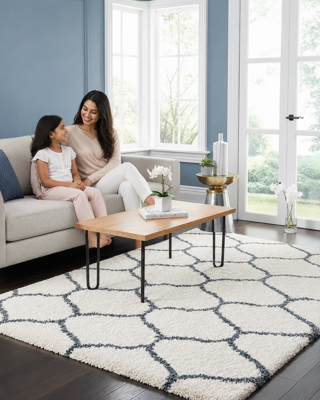 KashyapaRugs elegant cream and grey Moroccan lattice rug – classic geometric lattice design, soft plush shaggy surface, anti-slip rubber backing for living rooms and bedrooms